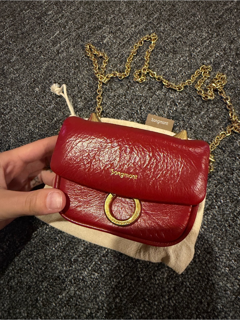 Songmont Limited Edition Red Leather Gold Chain Crossbody Bag NEW